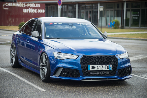 Lutterbach - France - 5 June 2022 - Front view of blue Audi RS6 parked in the street