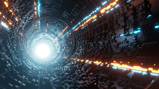 3d render. Abstract dark tunnel and bright light at the end of the tunnel. Virtual reality space, abstract interior.