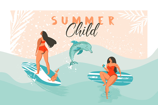 Hand drawn vector abstract summer time funny illustration poster with surfer girls in bikini with dog on blue ocean waves texture and modern calligraphy quote Summer Child.