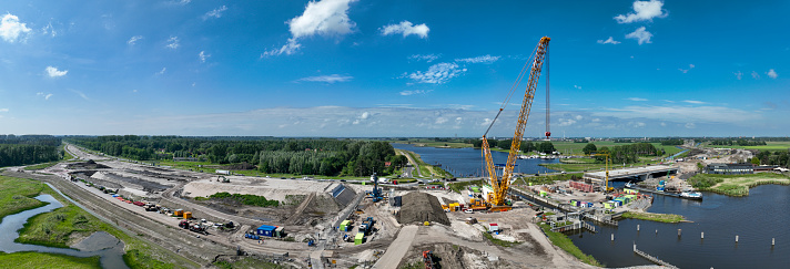 Construction work at the Roggebot bridge between Flevoland and Overijssel near Kampen in The Netherlands
