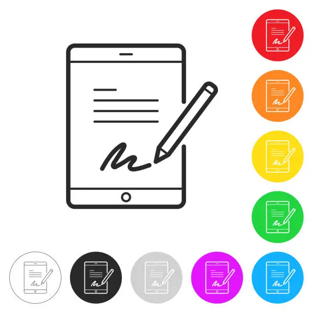 Vector illustration of Electronic signature on tablet PC. Icon on colorful buttons