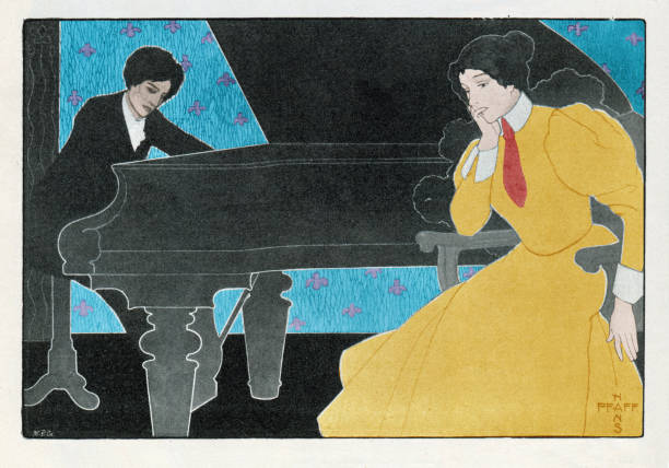 ilustraciones, imágenes clip art, dibujos animados e iconos de stock de mujer tocando un concierto de piano ilustración art nouveau 1898 - musical instrument string illustrations