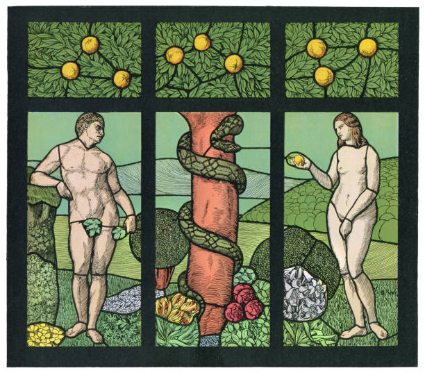 adam i ewa z wężem w raju secesyjna ilustracja - adam & eve stock illustrations