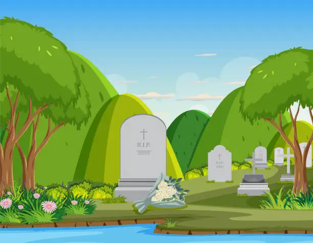 Vector illustration of Scene of cemetery graveyard