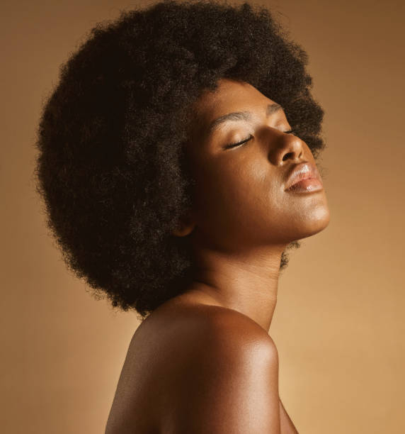 istock Confident African American woman with a natural afro posing against brown studio copyspace background. Young beautiful black female model looking trendy, powerful and sensual with smooth glowing skin 1402615657
