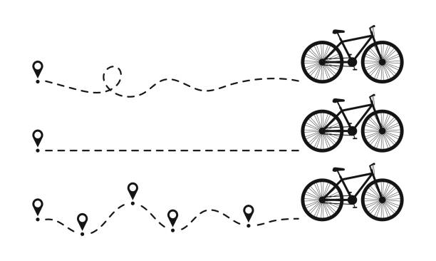 illustrazioni stock, clip art, cartoni animati e icone di tendenza di percorso della linea tratteggiata dell'icona della bici con punto di partenza. set di traccia della pista ciclabile con pin di posizione o mappa e percorso punteggiato. vettore - bikers point of view