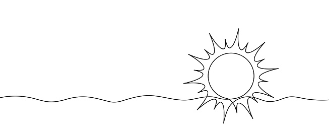 One continuous line illustration of sun with rays. Sun and sunlights drawn in one line. Vector illustration.