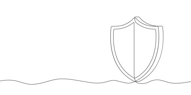 ilustraciones, imágenes clip art, dibujos animados e iconos de stock de escudo de una línea continua trazada. escudo de seguridad dibujado en una línea. concepto de seguridad y protección. vector - camiseta con logotipo