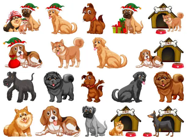 Vector illustration of Different funny dogs in cartoon style isolated on white background