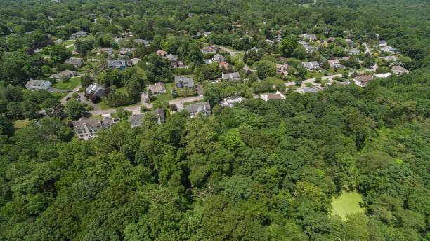 istock Suburb community on a sunny summer day. Aerial view. 1402616217