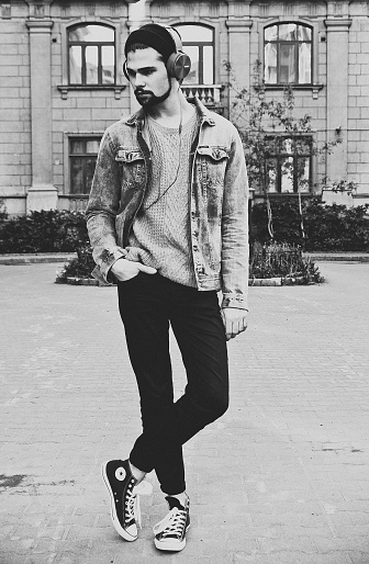 Hipster man portrait in black and white, summer time