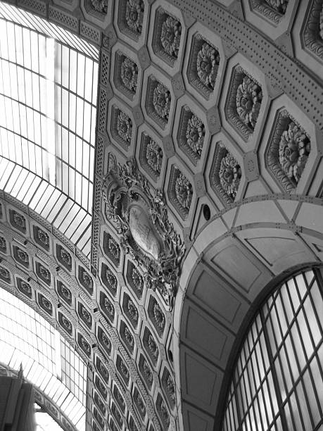Ceiling - Musee de Orsay, black and white Ceiling - Musee de Orsay - Paris, France, black and white musee dorsay stock pictures, royalty-free photos & images