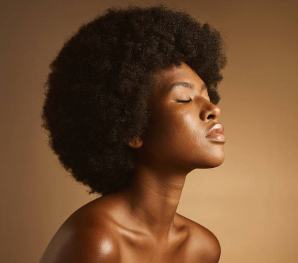 istock Confident African American woman with a natural afro posing against brown studio copyspace background. Young beautiful black female model looking trendy, powerful and sensual with smooth glowing skin 1402619106