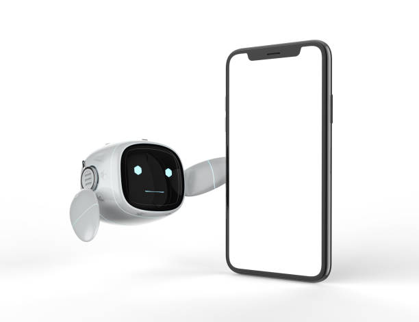 istock Cute assistant artificial intelligence robot no leg with mobile phone 1402619349
