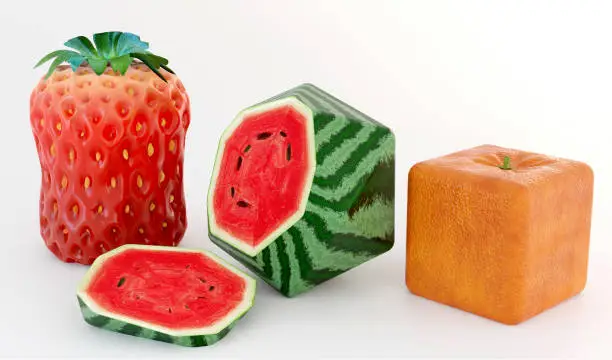 Photo of 3D conceptual illustration of transgenic fruit on white background