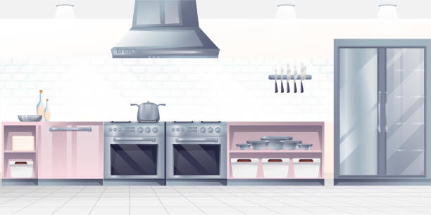 istock Restaurant kitchen interior design background. Professional place for cooking food with stove, oven, counters, fridge vector illustration. Horizontal panorama of culinary room 1402619973