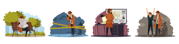 Spy doing crime investigation set. Sleuth searching man and evidence. Police detective work vector illustration. Inspector looking at muder scene, following with newspaper, catching, planning. Spy doing crime investigation set. Sleuth searching man and evidence. Police detective work vector illustration. Inspector looking at muder scene, following with newspaper, catching, planning detective map stock illustrations