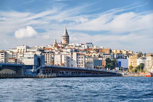 Istanbul skyline. Amazing view of the Galata Tower and the Galata Bridge. Istanbul is a popular tourist destination.