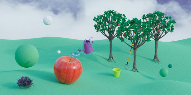 abstrakcyjny ogród warzywny w tle. render 3d, ilustracja 3d. - apple fruit surreal bizarre zdjęcia i obrazy z banku zdjęć
