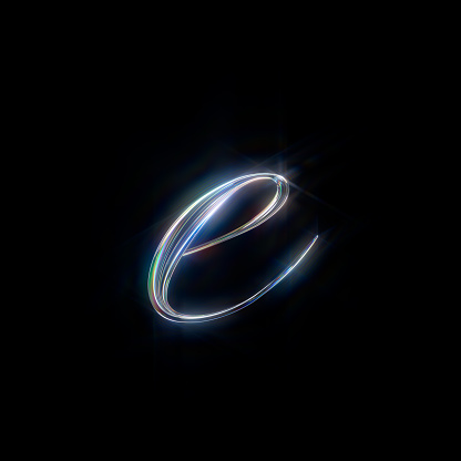 Glass Lowercase Letter e on black background from a gorgeous set of handwritten 3D alphabet. You can make any words from these letters. The sizes of each letter in pixels correspond to each other.