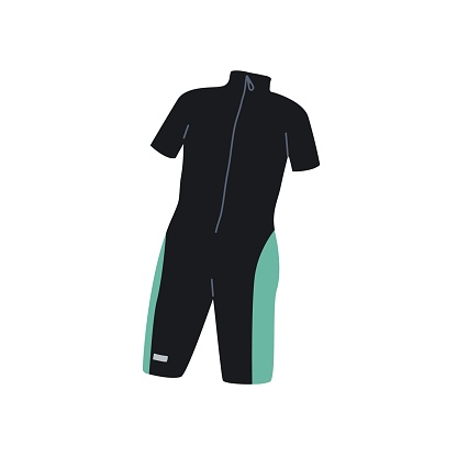 Diving wetsuit. Short snorkeling, scuba wet suit, jumpsuit. Divers anatomical costume for underwater sea swimming. Flat vector illustration isolated on white background.
