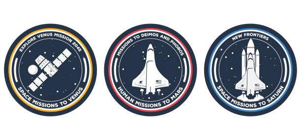 ilustraciones, imágenes clip art, dibujos animados e iconos de stock de insignia de la misión espacial con transbordador - patchwork