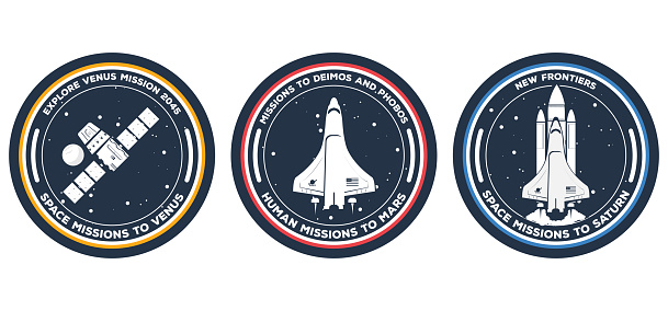 Space mission patch: space rockets and satellite. Venus, Mars and Saturn Ñircle badge. Science and space exploration labels and patches. Realistic space mission badges with vehicles.
