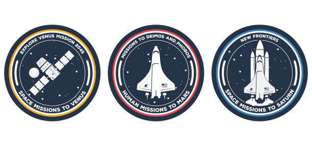 Space mission badge with shuttle Space mission patch: space rockets and satellite. Venus, Mars and Saturn Ñircle badge. Science and space exploration labels and patches. Realistic space mission badges with vehicles. astronaut borders stock illustrations