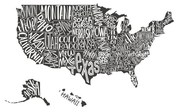 ilustraciones, imágenes clip art, dibujos animados e iconos de stock de mapa usa. estados unidos de américa con nombres de estado de texto. - arizona map outline silhouette