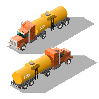 Set Abstract Isometric Collection 3D Gasoline Tanker Car Transport Working Technique Vehicle Vector Design Style