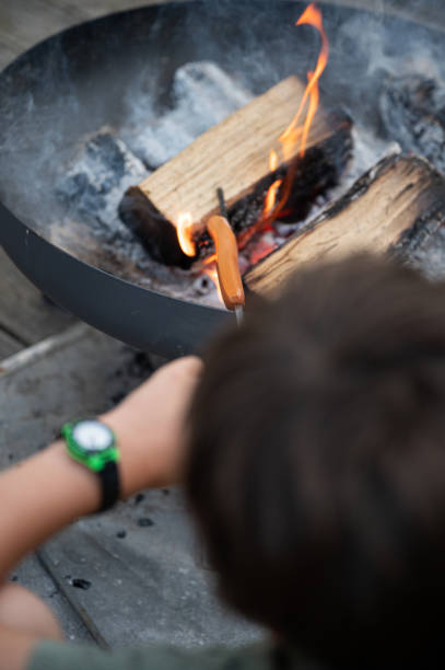 istock Boy grilling hot dog on a stick above an open fire 1402627074
