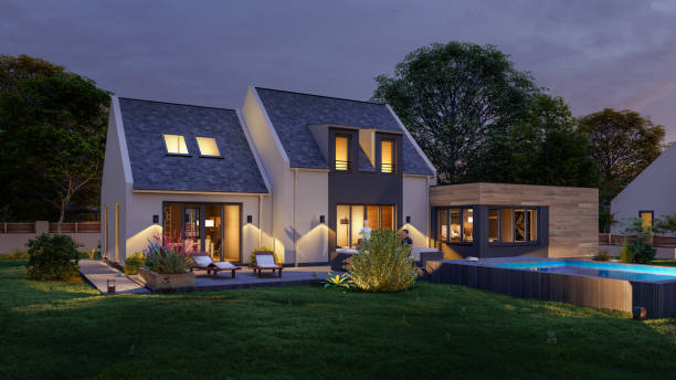 New traditional house at dusk