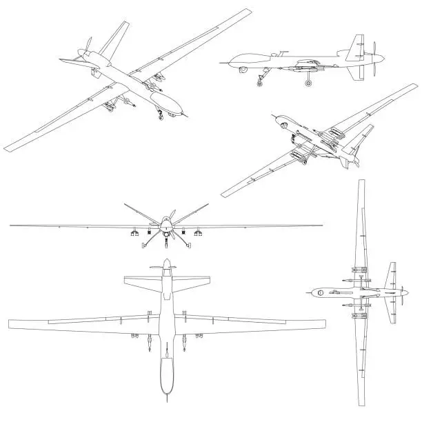 Vector illustration of Set with contours of combat unmanned aerial vehicles from black lines isolated on a white background. Side, bottom, top, isometric view. Vector illustration.