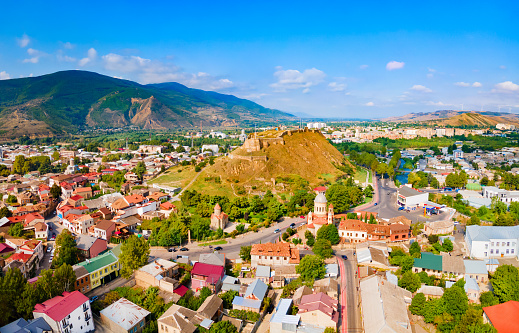 Gori town aerial panoramic view, Georgia. Gori is a city in eastern Georgia, which serves as the regional capital of Shida Kartli.