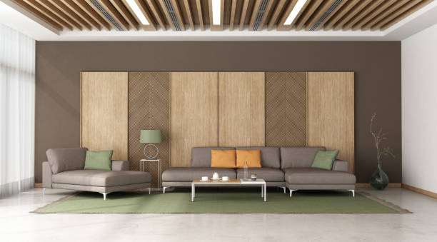 istock Large living room with sofa against wooden panel 1402630377