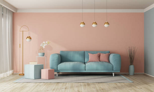 istock Modern living room interior with sofa on empty pastel color wall 1402630407