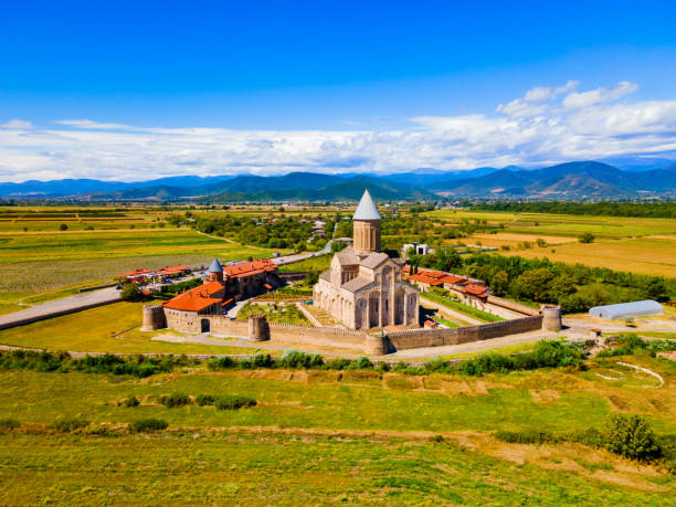 Alaverdi Monastery aerial panoramic view in Kakheti, Georgia Alaverdi Monastery Complex aerial panoramic view in Kakheti. Kakheti is a region in eastern Georgia with Telavi as its capital. kakheti georgia stock pictures, royalty-free photos & images