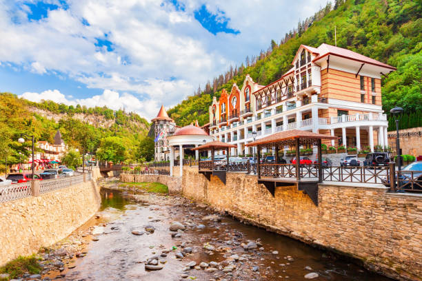 ciudad turística de borjomi en el centro sur de georgia - valley georgia river mountain fotografías e imágenes de stock