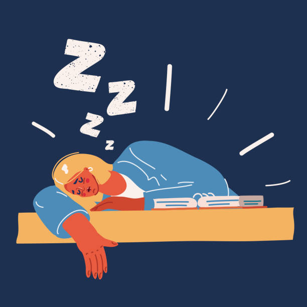 ilustrações de stock, clip art, desenhos animados e ícones de vector illustration of blond businesswoman student felt a sleep while reading over dark background. - book sheet education student