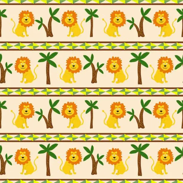 Vector illustration of Pattern with ornament, lions and palm trees. Vector illustration.