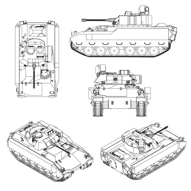 Set with contours of a battle tank from black lines isolated on a white background. Isometric view, side, front, top. Vector illustration. Set with contours of a battle tank from black lines isolated on a white background. Isometric view, side, front, top. Vector illustration. military symbol computer icon war stock illustrations