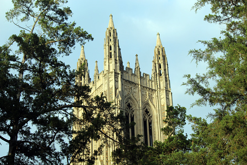 Duke Chapel and Duke University are beautiful examples of Gothic architecture on this historic campus in Durham, North Carolina USA.\nThe chapel was completed in 1935 and is often used as a beautiful backdrop for special occasion photography. The chapel sanctuary can seat 1600 people. Features of this image are the spires and arched lancet windows as well as the natural setting of the chapel.