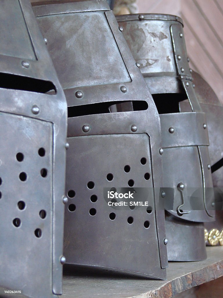 From The Past Full Plate Helmets in The Medieval Tournament. Ancient Stock Photo