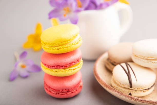 istock Multicolored macaroons with spring snowdrop crocus flowers and cup of coffee on gray pastel background. side view, close up, selective focus. 1402634629