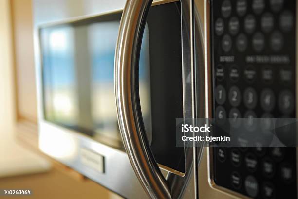 Microwave Focus On Handle Stock Photo - Download Image Now - Microwave, Shiny, Door