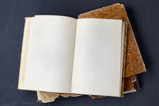 istock Open vintage book or notebook in a dust jacket on a stack of old shabby books 1402635097