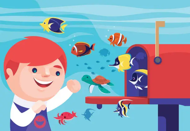 Vector illustration of kid cheering while meeting sea turtle and tropical fishes coming out from mail box