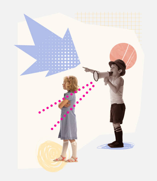istock Contemporary art collage. Conceptual image. Little boy, child shouting in megaphone, pointing with finger at little offended girl. 1402635767