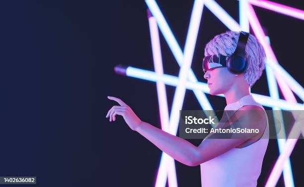 3d Render Of Trendy Woman Exploring Cyberspace In Modern Vr Headset Stock Photo - Download Image Now