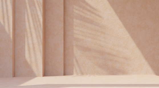 Fondo mínimo de colocación de productos con sombra de palma en la pared de yeso beige. Estética interior de arquitectura de verano de lujo. Sala de casa Boho para maqueta de escenario de plataforma de producto. photo